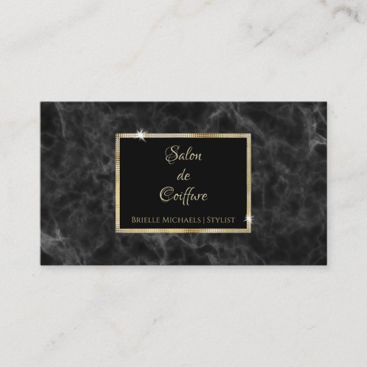 黒エレガント大理石金ゴールドフレームヘアサロン 名刺 (正面)