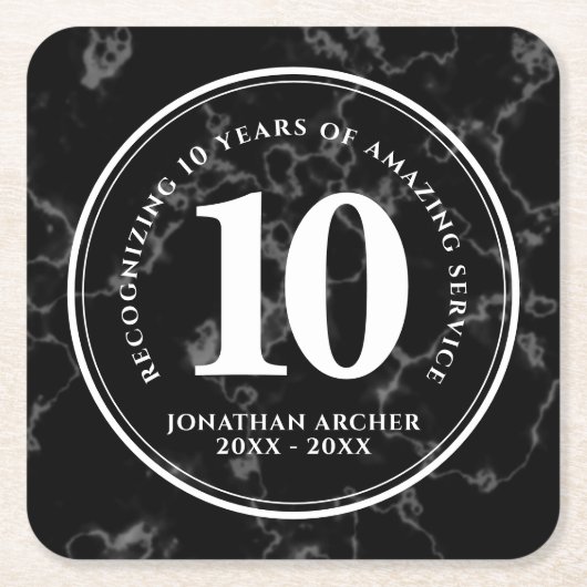 黒エレガント大理石10年勤続記念日 スクエアペーパーコースター (正面)