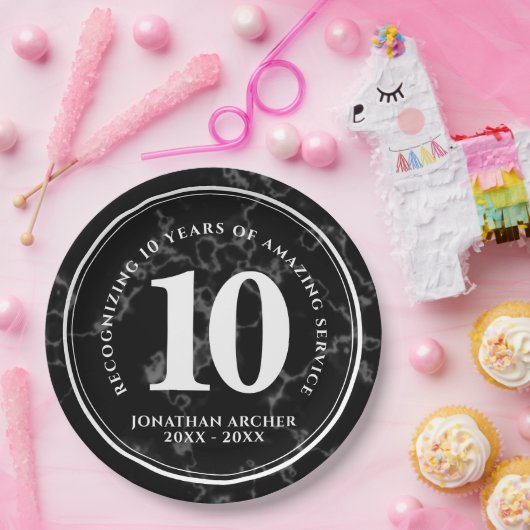 黒エレガント大理石10年勤続記念日 ペーパープレート (パーティー)