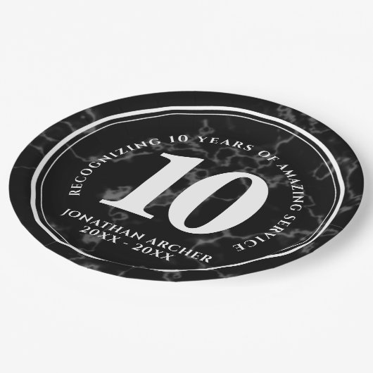黒エレガント大理石10年勤続記念日 ペーパープレート (アングル)