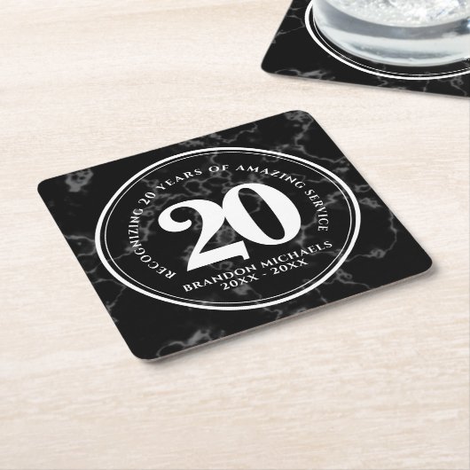 黒エレガント大理石20年勤続記念日 スクエアペーパーコースター (アングル)