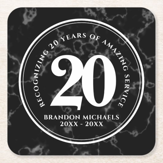 黒エレガント大理石20年勤続記念日 スクエアペーパーコースター (正面)