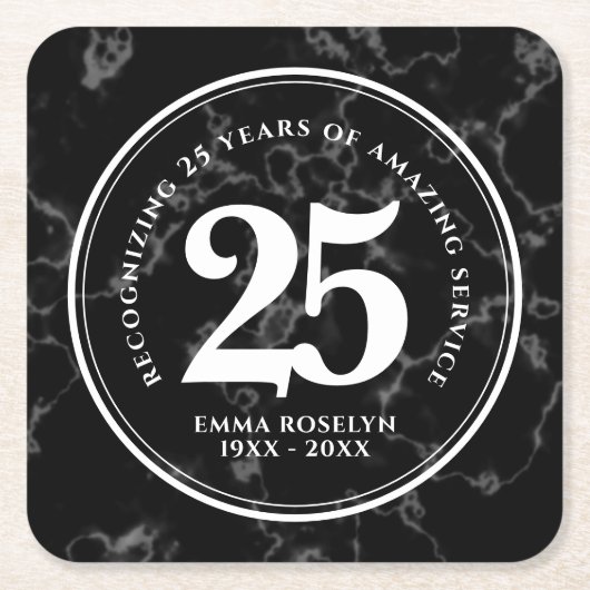 黒エレガント大理石25年勤続記念日 スクエアペーパーコースター (正面)