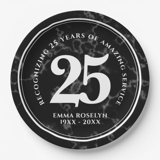 黒エレガント大理石25年勤続記念日 ペーパープレート (正面)