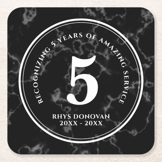 黒エレガント大理石5年勤続記念日 スクエアペーパーコースター (正面)