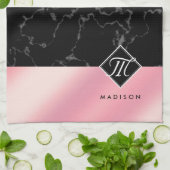 黒エレガント大理石&ピンクフォイルモノグラム キッチンタオル (折り畳み)