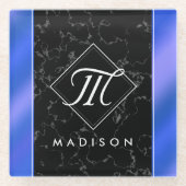 黒エレガント大理石&ブルー王室のフォイルモノグラム ガラスコースター (正面)