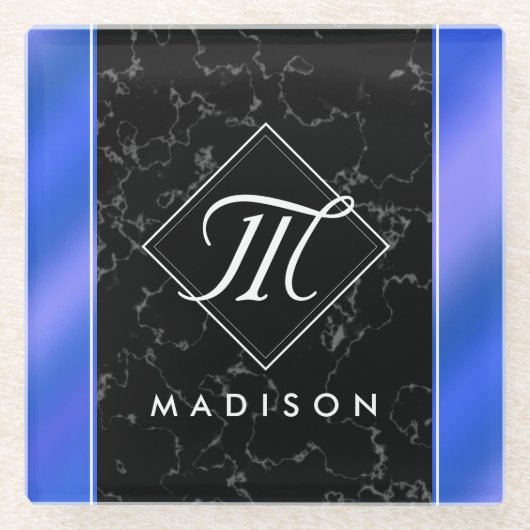 黒エレガント大理石&ブルー王室のフォイルモノグラム ガラスコースター (正面)