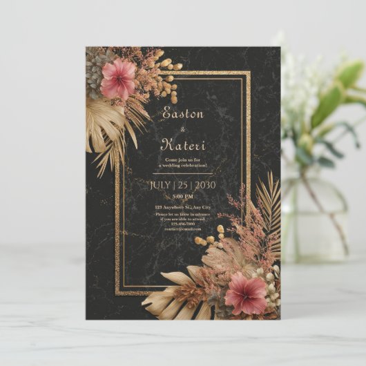 黒エレガント大理石&金ゴールドフローラVIP結婚 招待状 (スタンド正面)