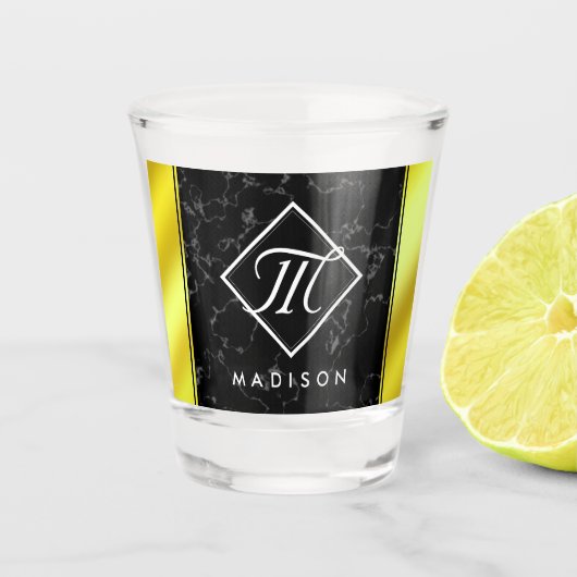 黒エレガント大理石&金ゴールド/真鍮フォイルモノグラム ショットグラス (正面)