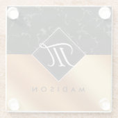 黒エレガント大理石&銅箔スクリプトモノグラム ガラスコースター (裏面)