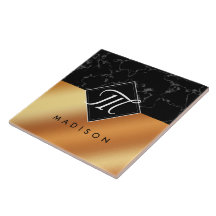 黒エレガント大理石&銅箔スクリプトモノグラム