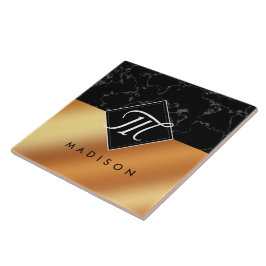 黒エレガント大理石&銅箔スクリプトモノグラム タイル