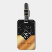 黒エレガント大理石&銅箔スクリプトモノグラム ラゲッジタグ (正面縦)