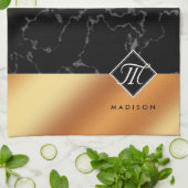 黒エレガント大理石&銅箔モノグラム キッチンタオル (折り畳み)