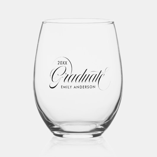 黒エレガント字タイポグラフィ卒業 ステムなしワイングラス (正面)