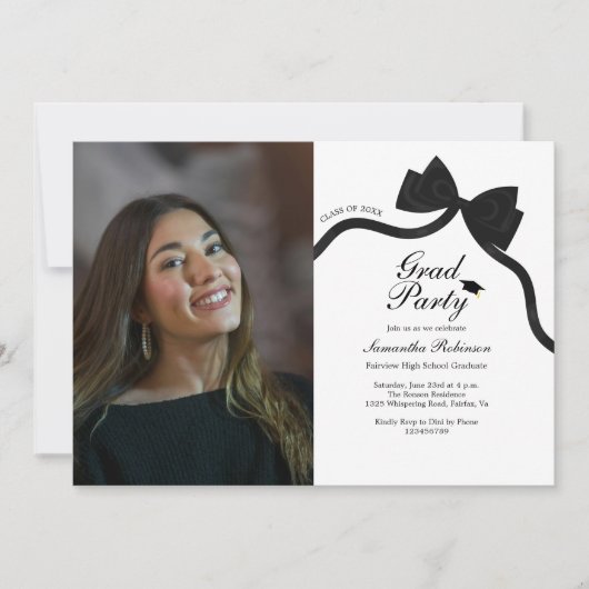 黒エレガント弓の卒業式パーティー写真 招待状 (正面)