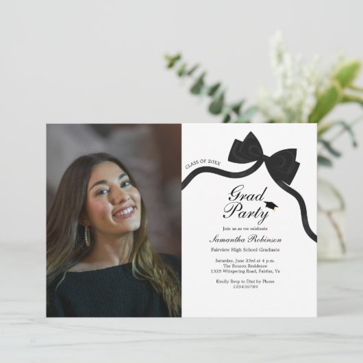 黒エレガント弓の卒業式パーティー写真 招待状 (スタンド正面)