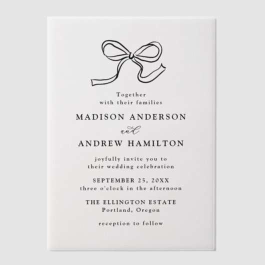 黒エレガント弓結婚の ベラム紙招待状 (正面)