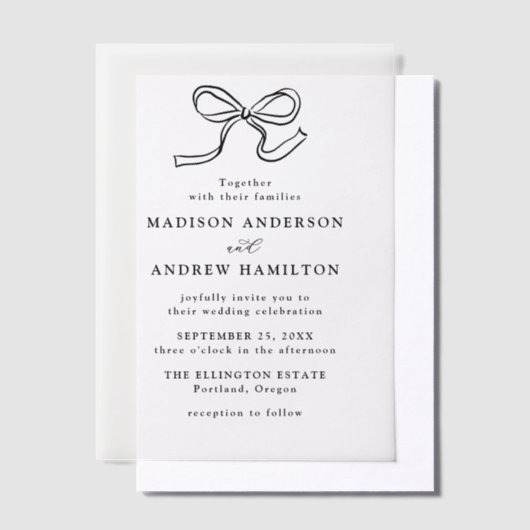 黒エレガント弓結婚の ベラム紙招待状 (オフセット)