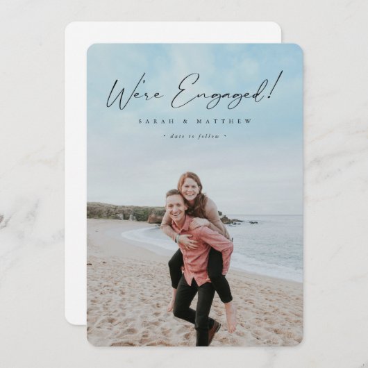 黒エレガント手スクリプ書ト婚約写真 案内状 (正面/裏面)