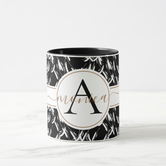 黒エレガント抽象芸術フローラ金ゴールドマモノグラムのグ マグカップ (中央)