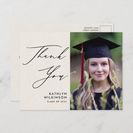 黒エレガント文字のクリーム卒業ありがとう ポストカード (正面/裏面)