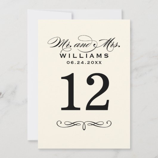 黒エレガント文字の結婚モノグラム表の番号 招待状 (正面)