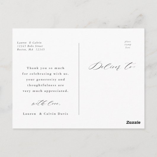 黒エレガント文字の結婚写真ありがとう ポストカード (裏面)