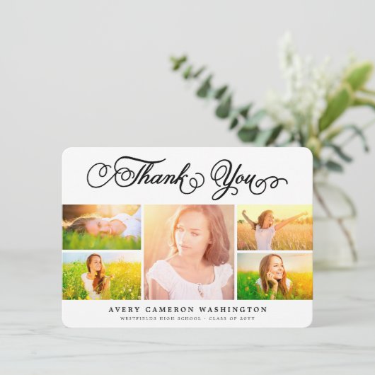 黒エレガント文字卒業5フォトコラージュ サンキューカード (スタンド正面)