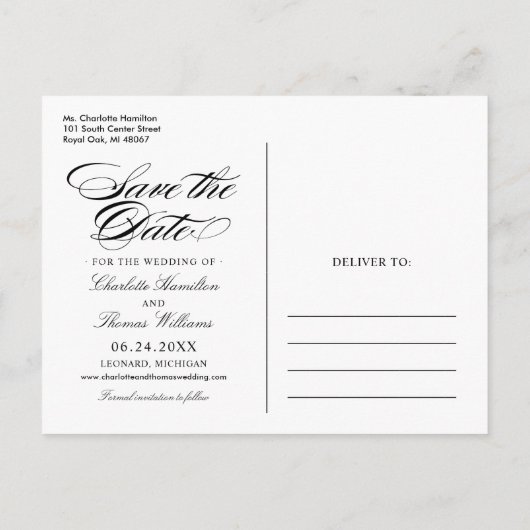 黒エレガント文字結婚の写真日付の保存 案内ポストカード (裏面)