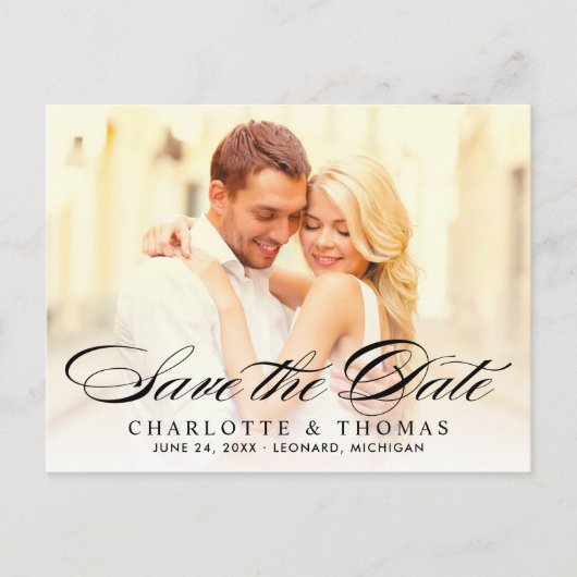 黒エレガント文字結婚の写真日付の保存 案内ポストカード (正面)