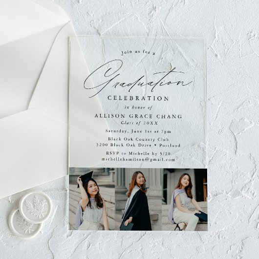 黒エレガント文字3写真卒業パーティー アクリル招待状