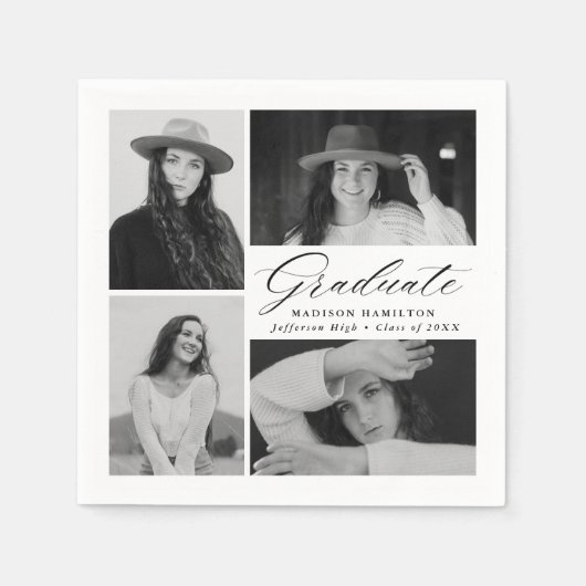 黒エレガント文字4写真卒業 スタンダードカクテルナプキン (正面)
