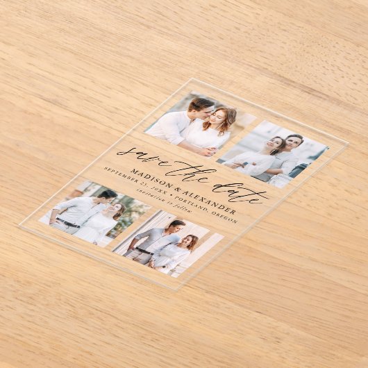 黒エレガント文字4写真結婚式の日付を保存 アクリル招待状 (レイダウン)