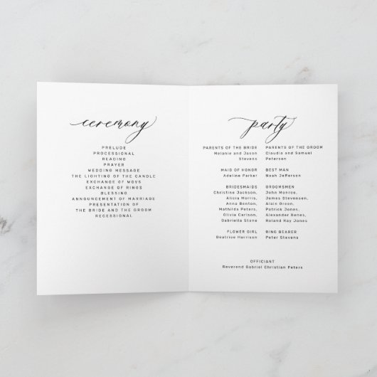 黒エレガント書の折り畳み式結婚式 プログラム (内部)