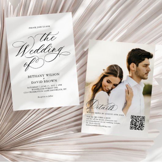 黒エレガント書写真QRコード結婚 招待状