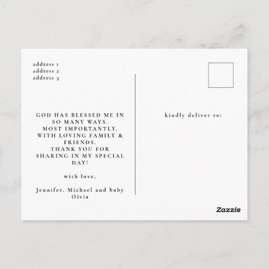 黒エレガント書洗礼写真感謝 ポストカード (裏面)