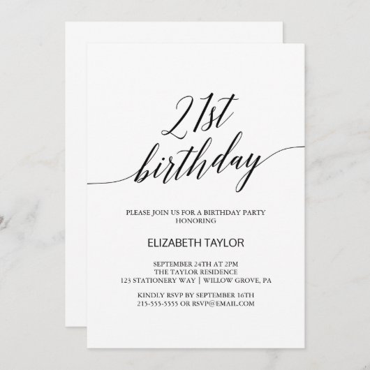 黒エレガント書道21歳の誕生日 招待状 (正面/裏面)