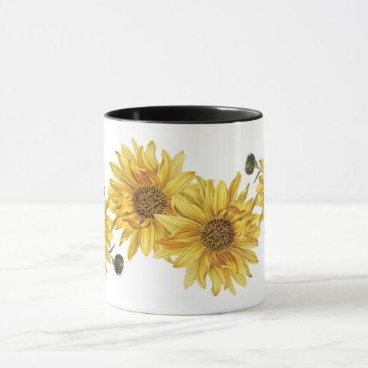 黒エレガント木目とヒマワリのマグカップ マグカップ (中央)