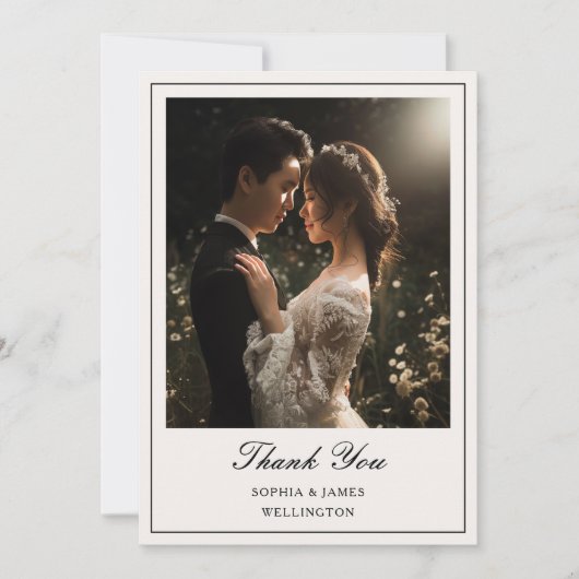黒エレガント枠の書道写真結婚の サンキューカード (正面)