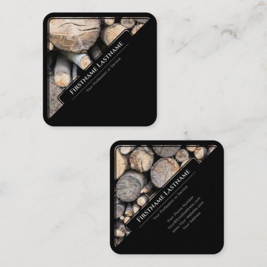 黒エレガント枠の木製スタイルの木材スタック スクエア名刺 (正面/裏面)