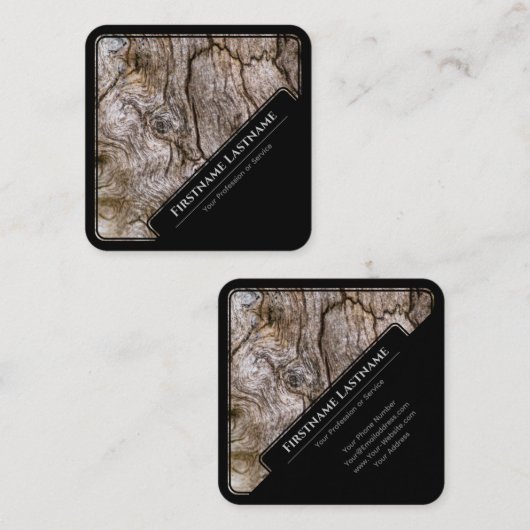 黒エレガント枠の木製スタイル木目 スクエア名刺 (正面/裏面)