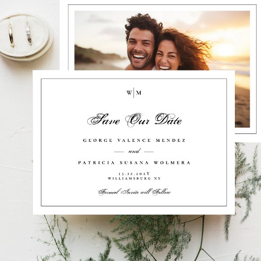 黒エレガント枠モノグラムクラシックフォト結婚ズ セーブザデート