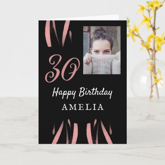 黒エレガント桃色の水彩30歳の誕生日の写真 カード (黄色い花)