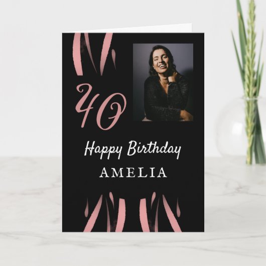 黒エレガント桃色の水彩40歳の誕生日の写真 カード (正面)