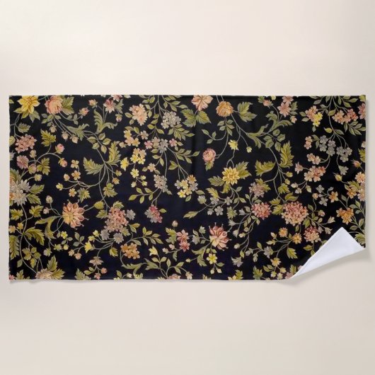 黒エレガント植物学フローラ ビーチタオル (正面)