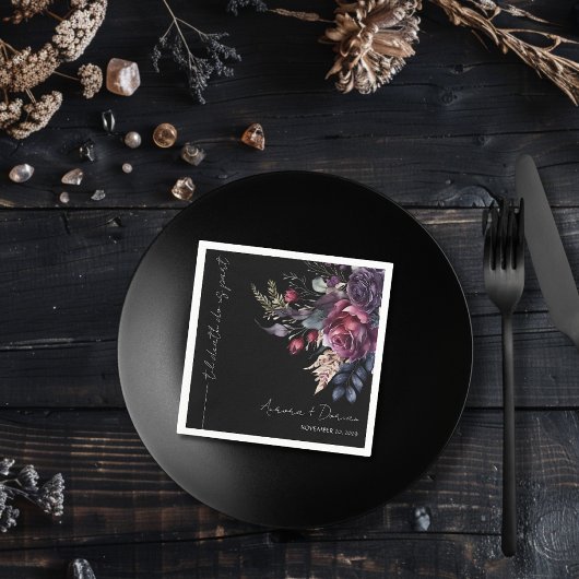 黒エレガント水色フローラ結婚ナプキン スタンダードカクテルナプキン