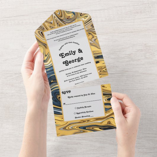 黒エレガント波と金ゴールド波の抽象芸術アー結婚ト オールインワン招待状 (貼ってはがせる)