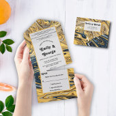 黒エレガント波と金ゴールド波の抽象芸術アー結婚ト オールインワン招待状